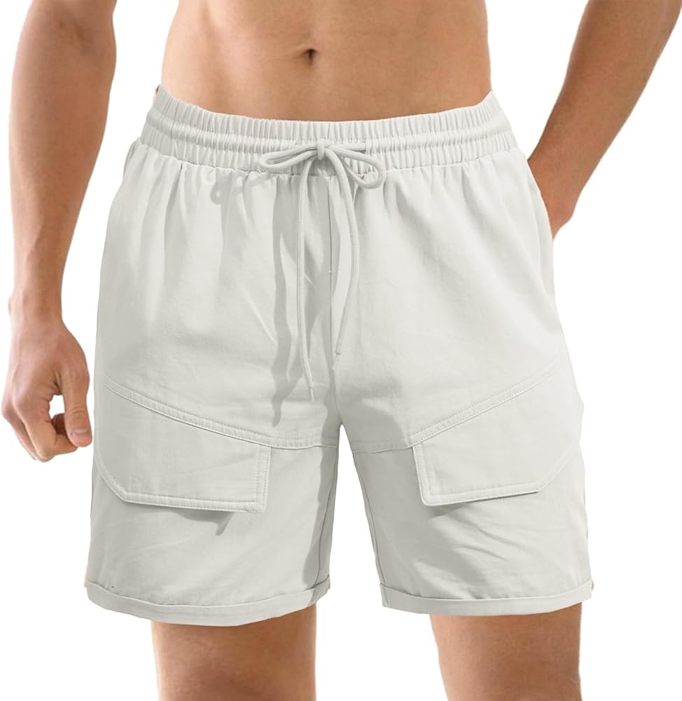 Men's 6 Inch Cargo Shorts Elastic Waist Casual Hiking Shorts Cotton Outdoor Work Shorts(White,Large)