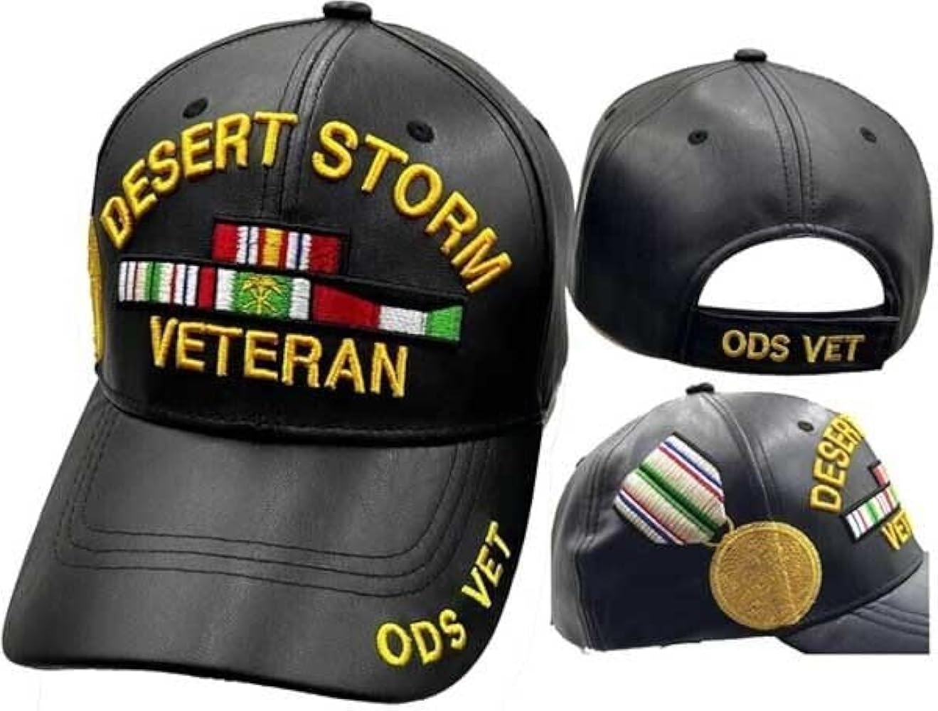 Desert Storm Veteran Medallion Black Cap Hat Premium Quality PU Leather