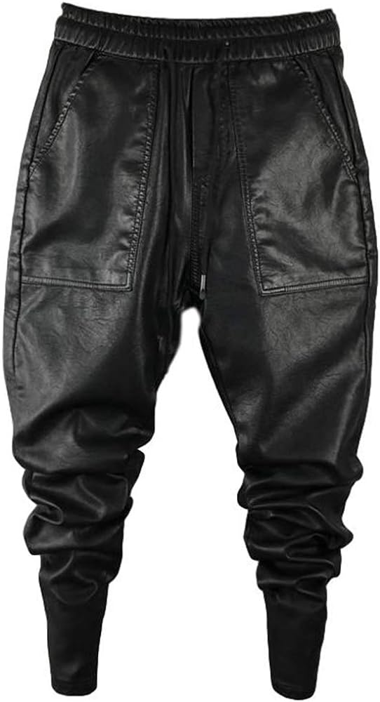 Men`s Faux Leather Jogger Elastic Waist Drawstring PU Harem Pants