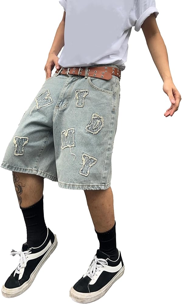 Mens Jorts Baggy Loose Fit Jean Shorts Wide Leg Denim Shorts Strings Y2k Casual Summer Shorts