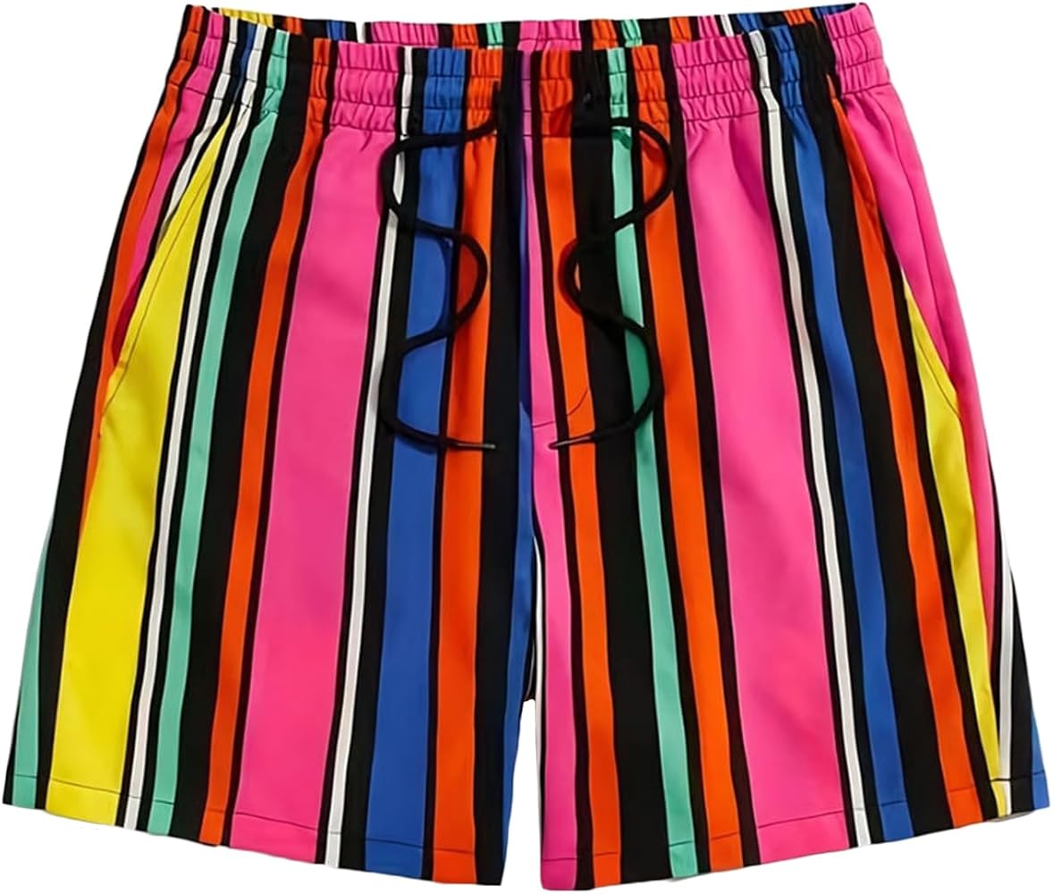 Men's Striped Print Drawstring Casual Summer Shorts with Pockets