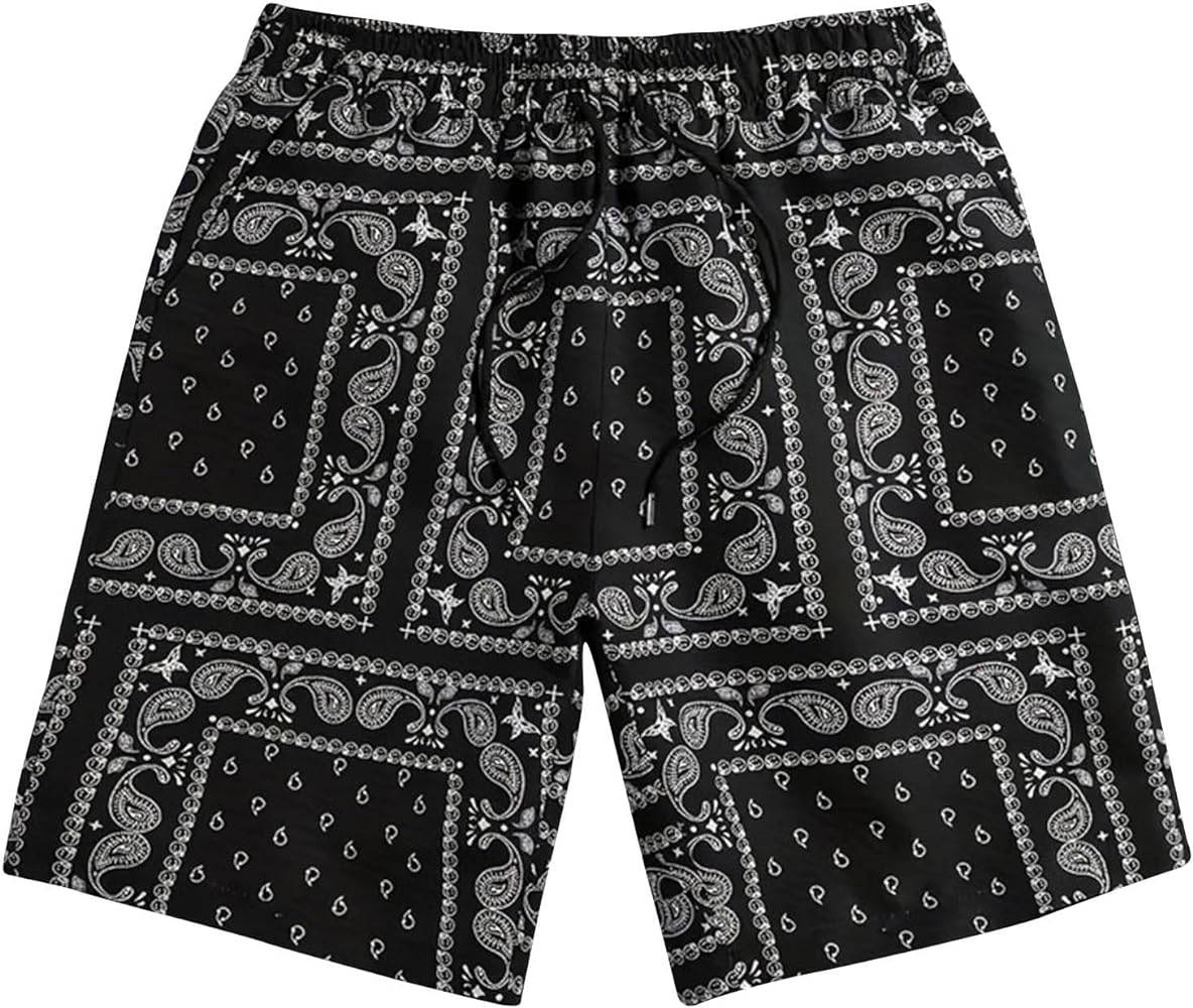 Mens Shorts Boho Tribal Print Paisley Shorts Summer Elastic Waist Drawstring Beach Shorts Loose Casual Vacation Shrots