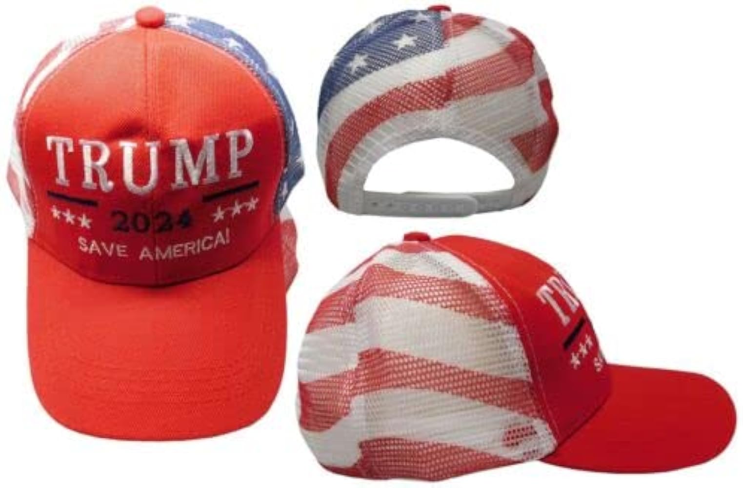 Trump 2024 Save America! Red USA Flag Mesh Trucker Embroidered Cap Hat