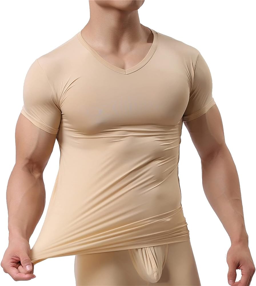 V Neck Undershirts for Men Sexy Underwear Mens Invisible Undershirt Smooth Short Sleeve T-Shirt Mens Sexy Tank Top