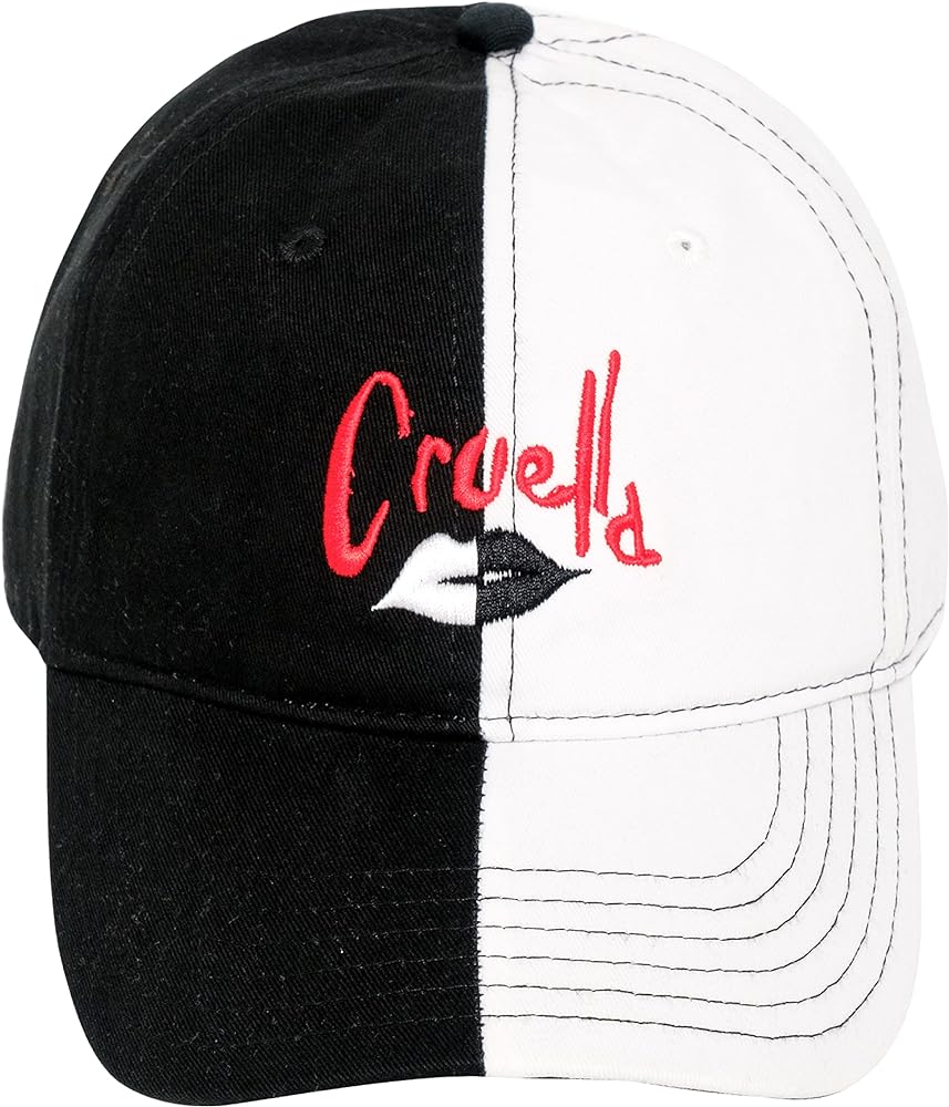 Disney Cruella Two-Tone Cotton Adjustable Dad Hat with Curved Brim, Black and White, One Size