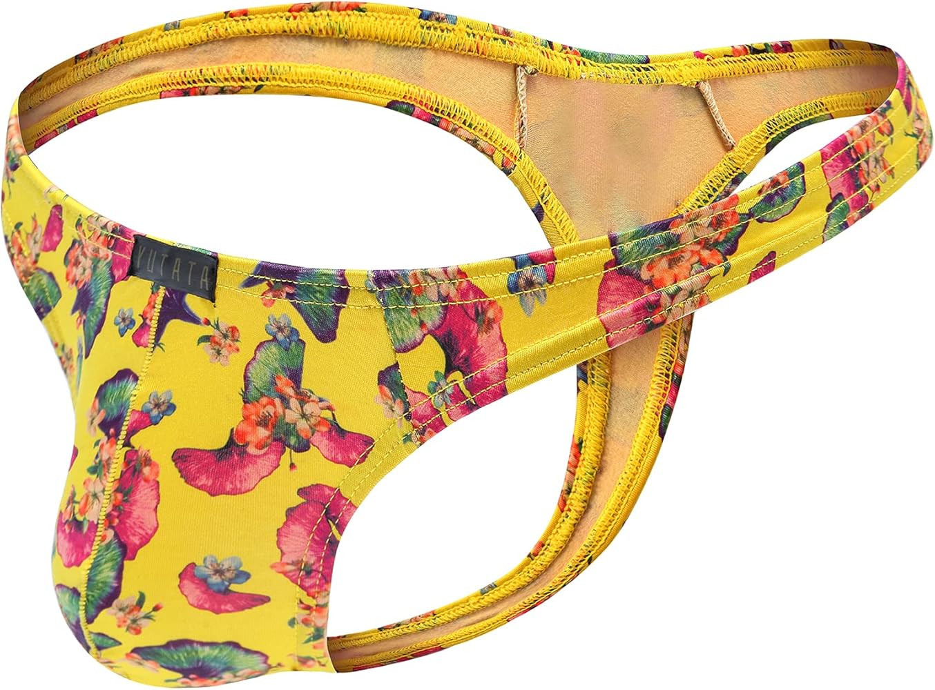 Casey Kevin Men's Thongs Underwear Sexy G String Floral Printed Swimwear Yellow