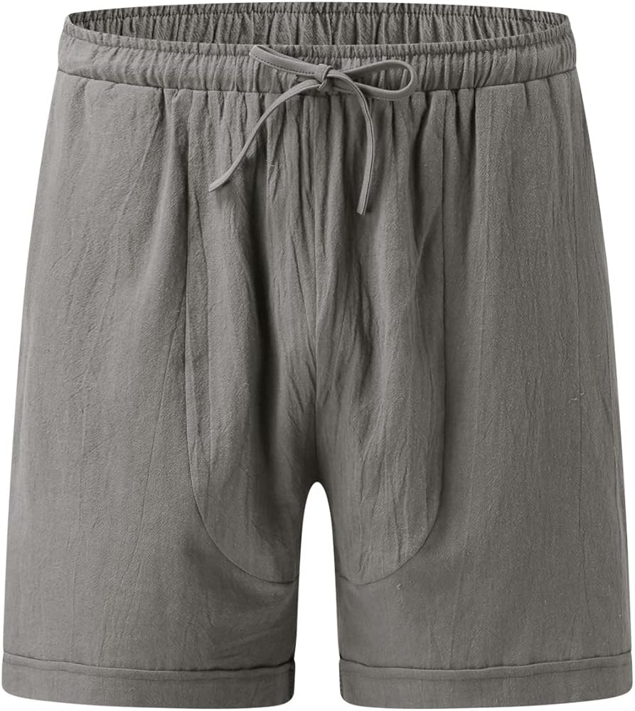 Mens Summer Solid Color Cotton Linen Shorts Casual Elastic Waist Drawstring Lightweight Work Shorts with Pockets 2023