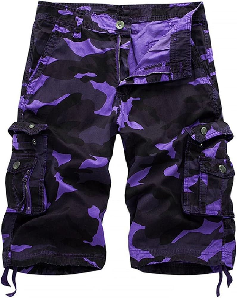 SHOOYING Men's Camo Cargo Denim Shorts with Multi-Pocket