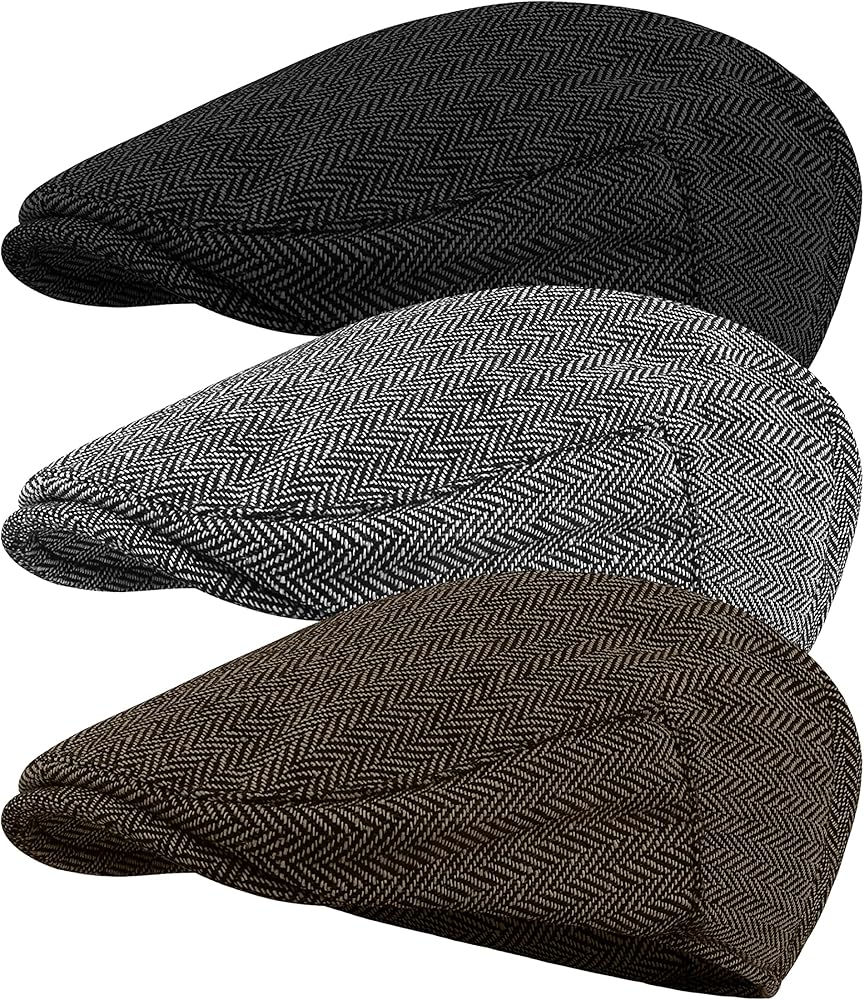 3 Pieces Men's Herringbone Flat Newsboy Hat Tweed Newsboy Cap Cabbie Driving Hunting Cap for Men Outdoor Daily Use