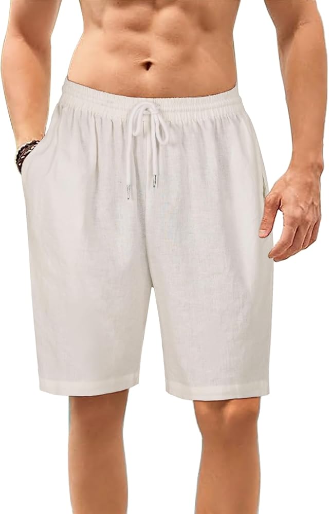 Men's Linen Shorts Casual Lightweight Elastic Waist Summer Beach Shorts