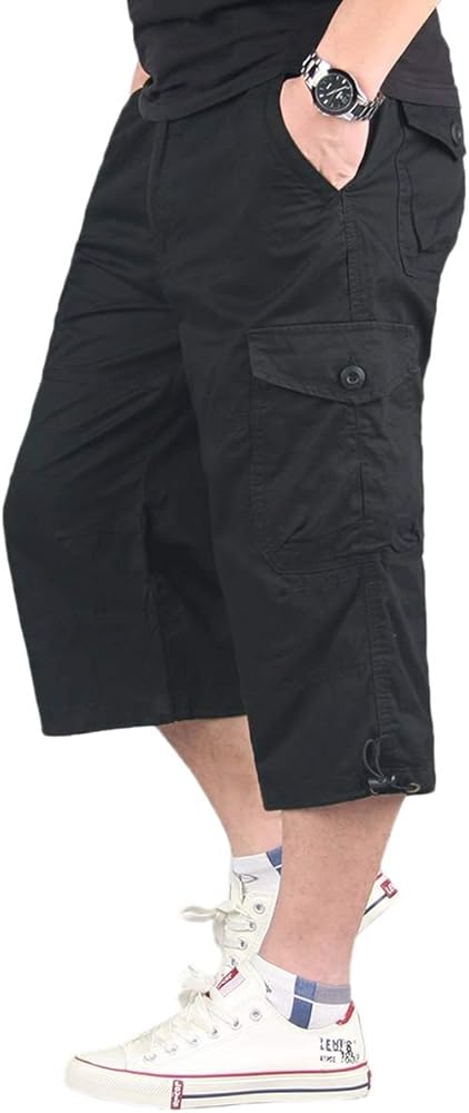 Men's Casual Twill Elastic Ripstop Basic Cargo Shorts below Knee Loose Fit Multi-Pocket Capri Long Shorts All-Season