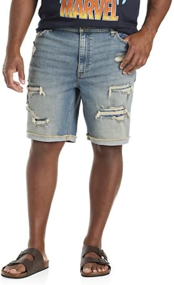 True Nation by DXL Men's Big and Tall Destructed Athletic Fit Medium Wash Shorts, Andy Blue