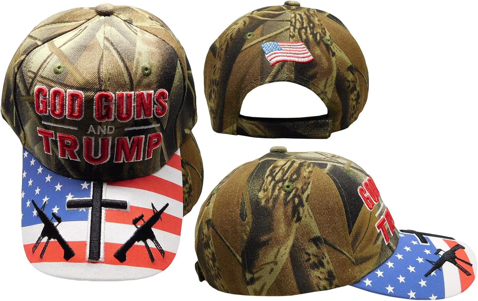 God Guns and Trump USA Flag Bill Rifles Cross Real Tree Camouflage Camo Polyester Adjustable Embroidered Baseball Ball Cap Hat