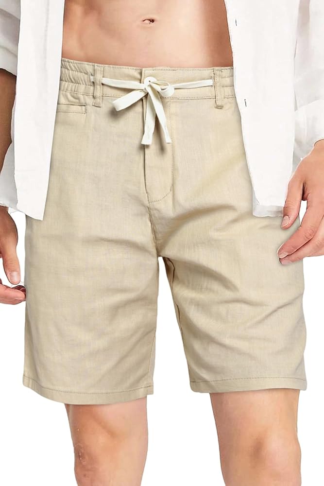 Heyfanee Mens Cotton Linen Shorts Elastic Waist Stretch Casual Summer Beach Shorts for Men Drawstring