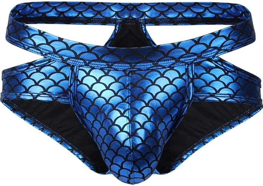 Men's Underwear Shiny Scale Print Panties Hollow Low-Rise Pants Convex Pocket Underwear (Color : Blue, Size : Medium)