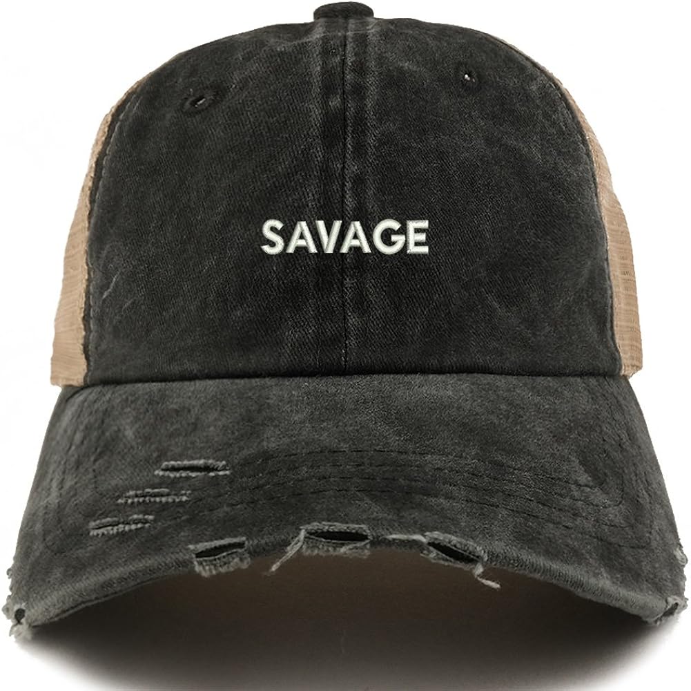 Trendy Apparel Shop Savage Embroidered Frayed Bill Trucker Mesh Back Cap