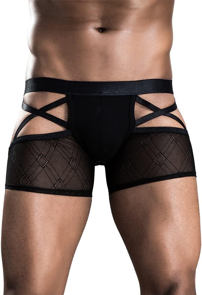 Men Butt-Flaunting Jockstraps Underwear Breathable Mesh Lace Boxer Briefs Bottomless Shorts Backless Gay Underpants