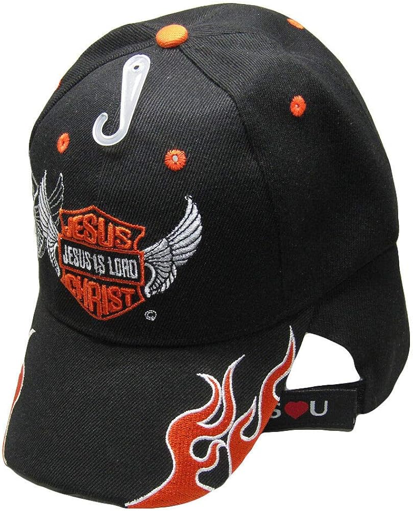 Trade Winds Jesus is Lord Biker Style Christian Flame Black Embroidered Cap Hat Jesus Christ