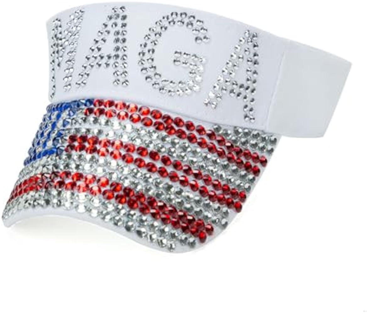 Sparkling Rhinestone Sun Visor, Bling MAGA Hat for Women, Adjustable American Flag Cap for 2024 Election