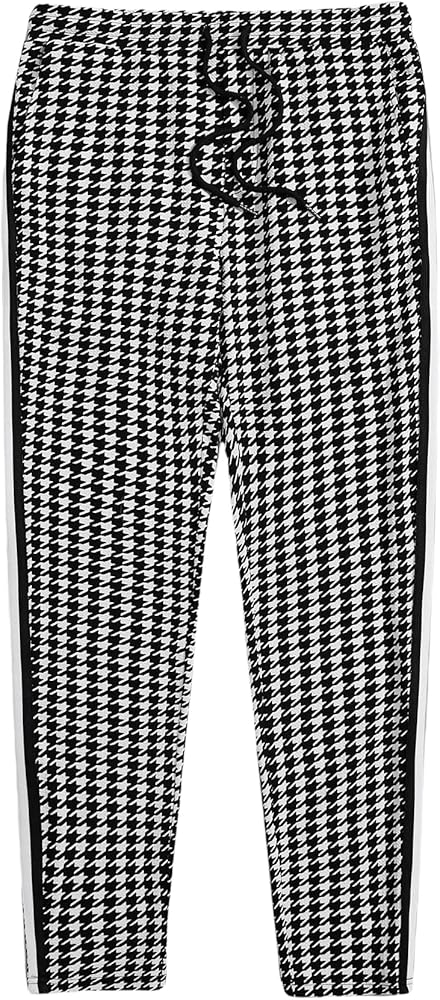 WDIRARA Men's Houndstooth Print Drawstring Waist Tie Front Tapered Casual Long Pants