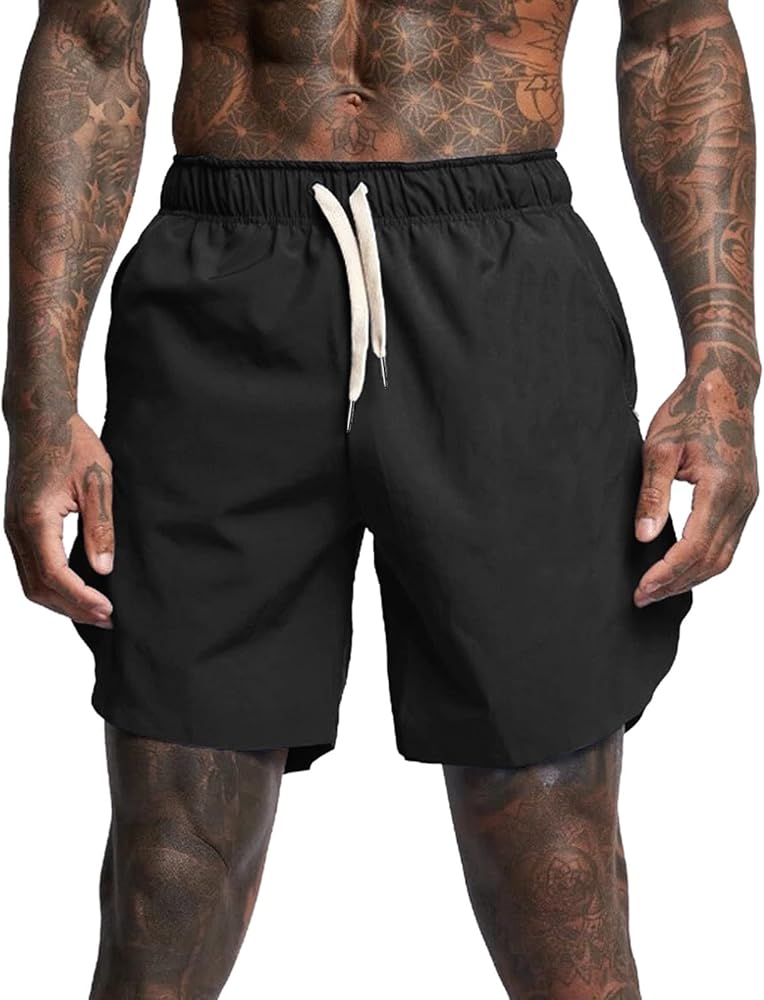 Men's Solid Zipper Pocket Quick Dry Shorts Casual Solid Color Mid Waist Sports Drawstring Shorts 2023