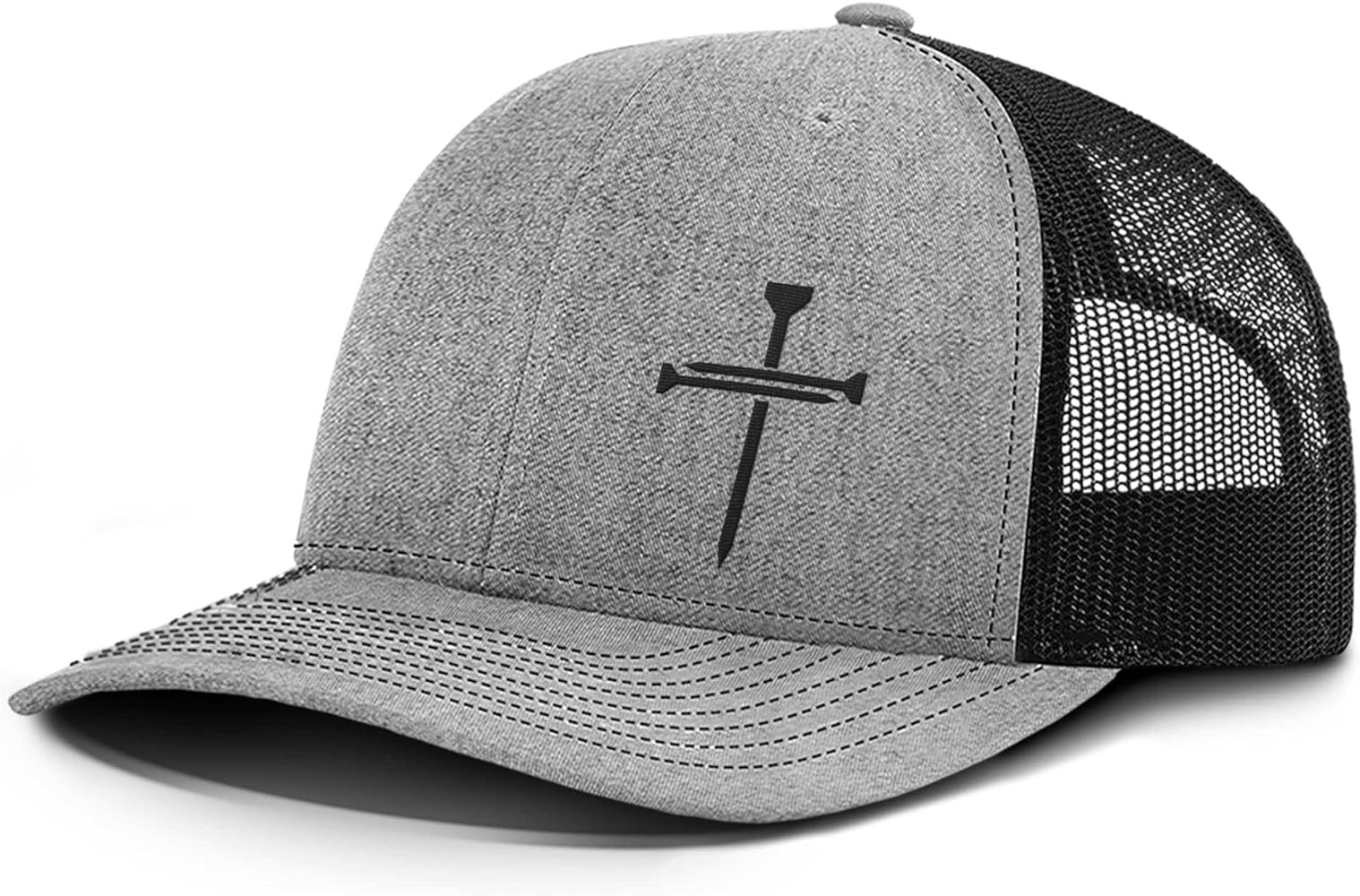 Nail Cross Christian Trucker Hat - Adjustable Fit Cotton Snapback Hat - Breathable Mesh Side for Casual Wear (Heather Front/Black Mesh)