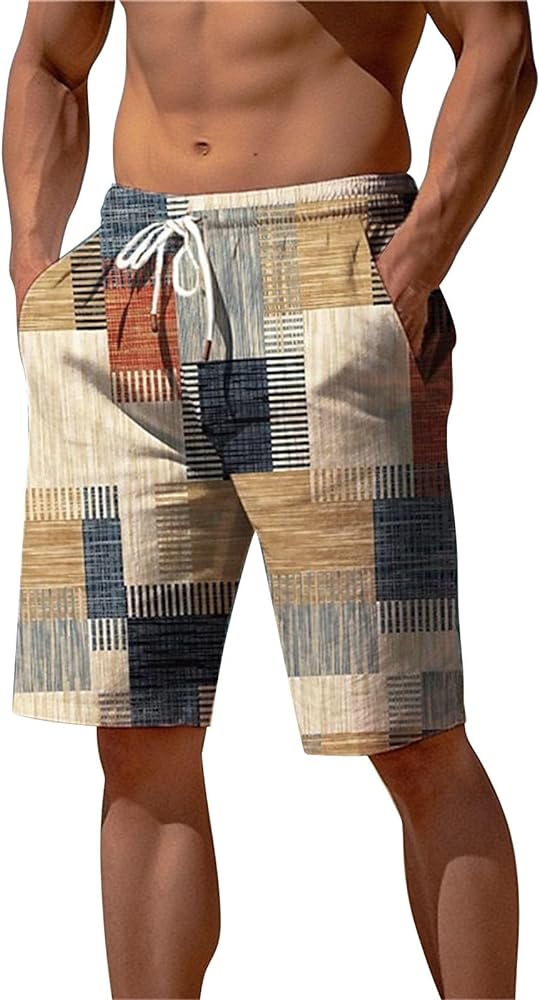 Mens Beach Shorts Casual Plus Size Hawaiian Summer Elastic Waist Trunks with Pockets Printed 2024 Drawstring Shorts