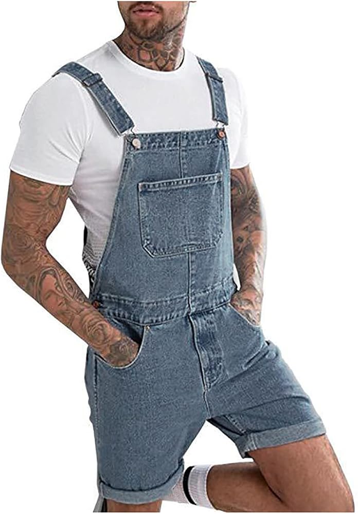 Bib Overalls Denim Shorts for Men Summer Casual Loose Fit Walkshort Classic Jeans Romper Jumpersuits with Pockets