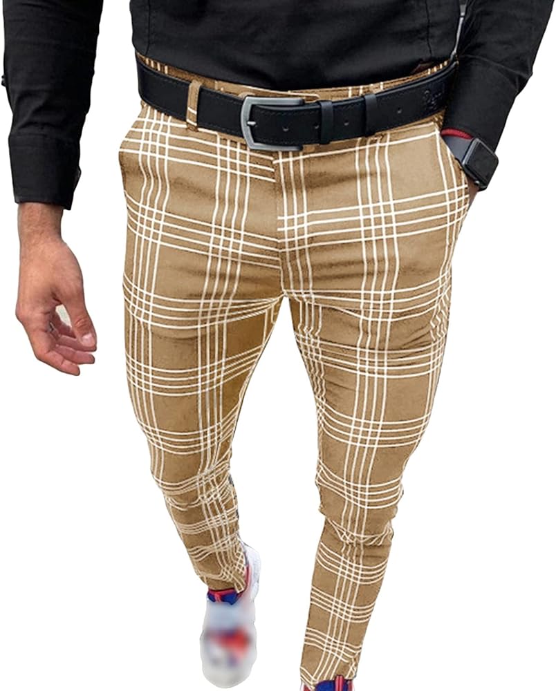 Men's Plaid Business Pants Stylish Stretch Skinny Golf Dress Pant Casual Slim Tapered Fit Flat Front Trousers