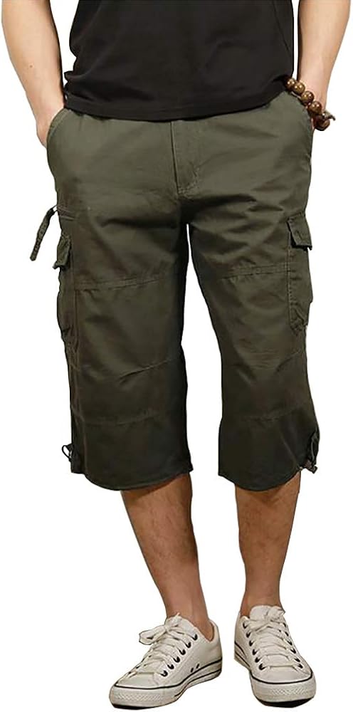 Men's Cargo Shorts 3/4 Capri below Knee Cotton Casual Long Inseam Work Short with Multi Pockets