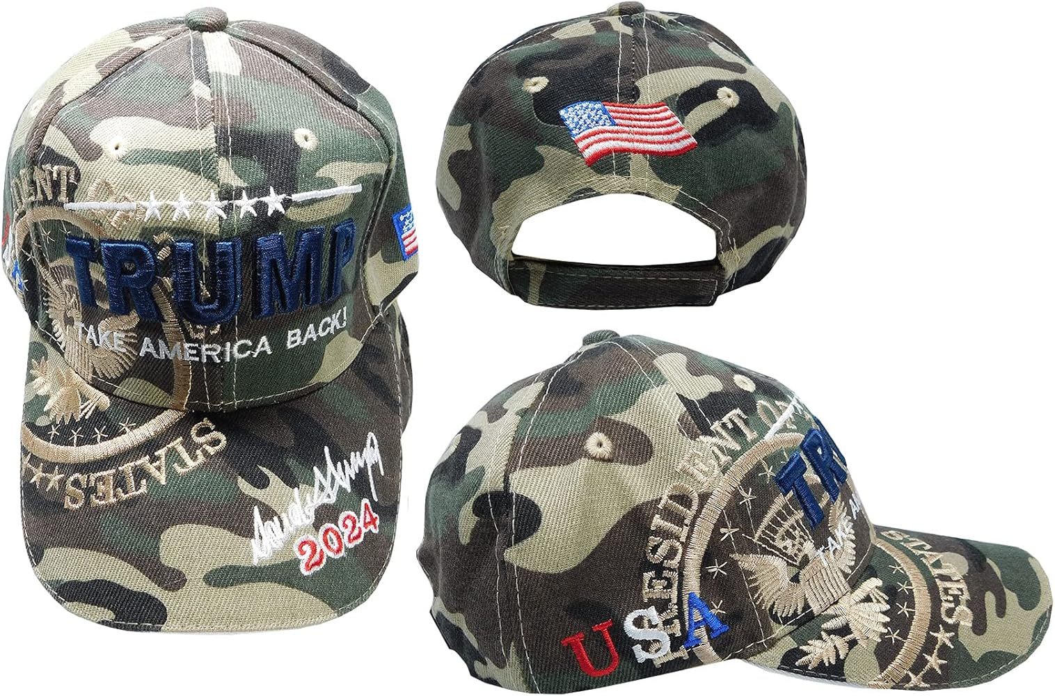 Trade Winds Trump Take America Back! USA Signature 2024 Woodland Camouflage Camo Shadow 100% Polyester Adjustable Embroidered Baseball Cap Hat, Multicolor, 7 3/4