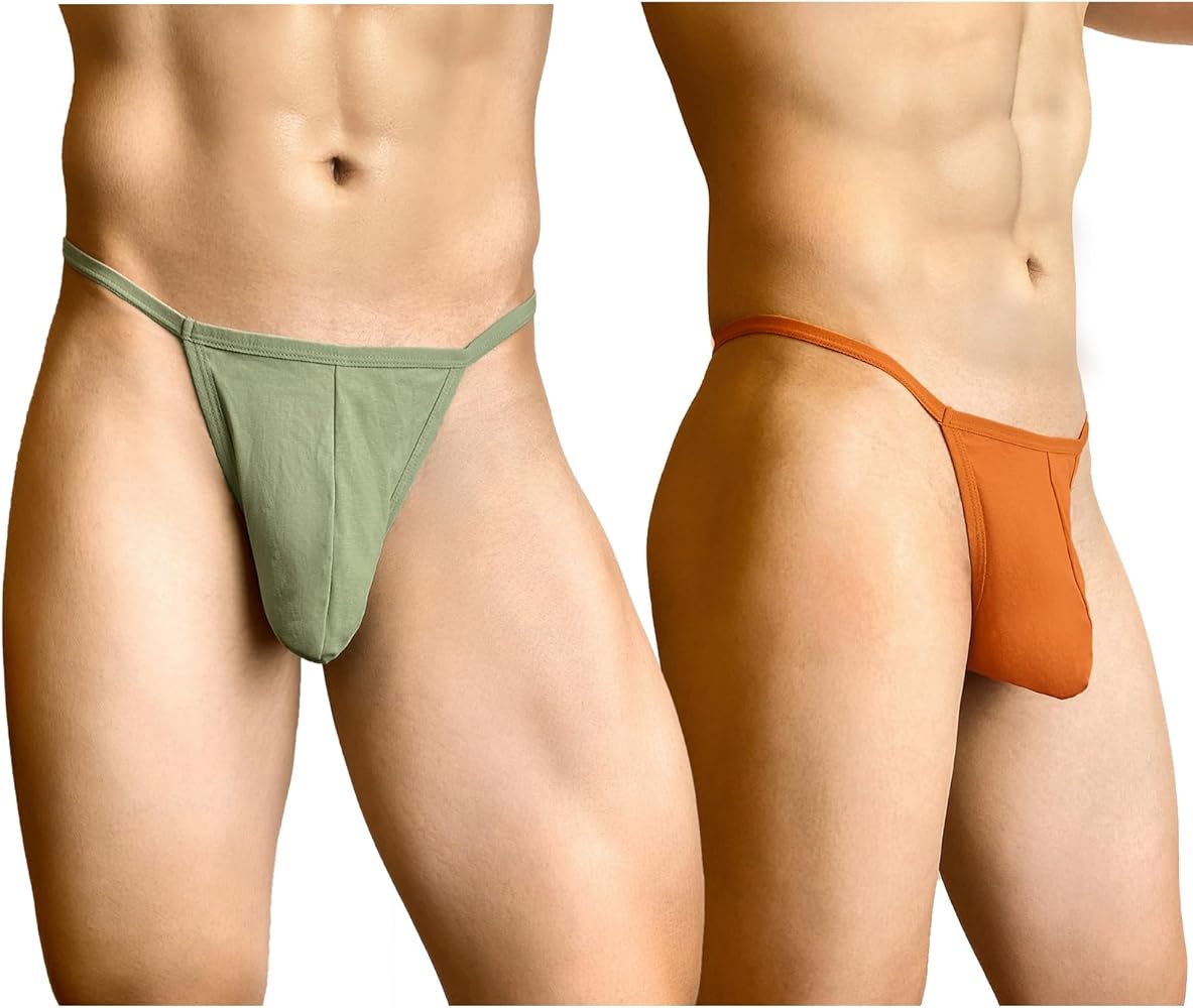 2-Pack Jock Strap Men's Thong Underwear and G-String Cotton Breathable Underpants for Male Athletic Supporters Green Orange