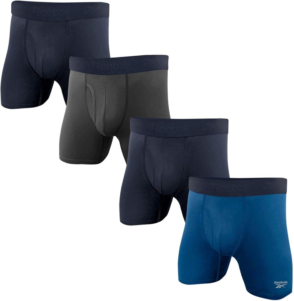 Reebok Mens 4 Pack Performance Boxer Briefs with Comfort Pouch - Navy/Grey/Navy/Blue X-Large