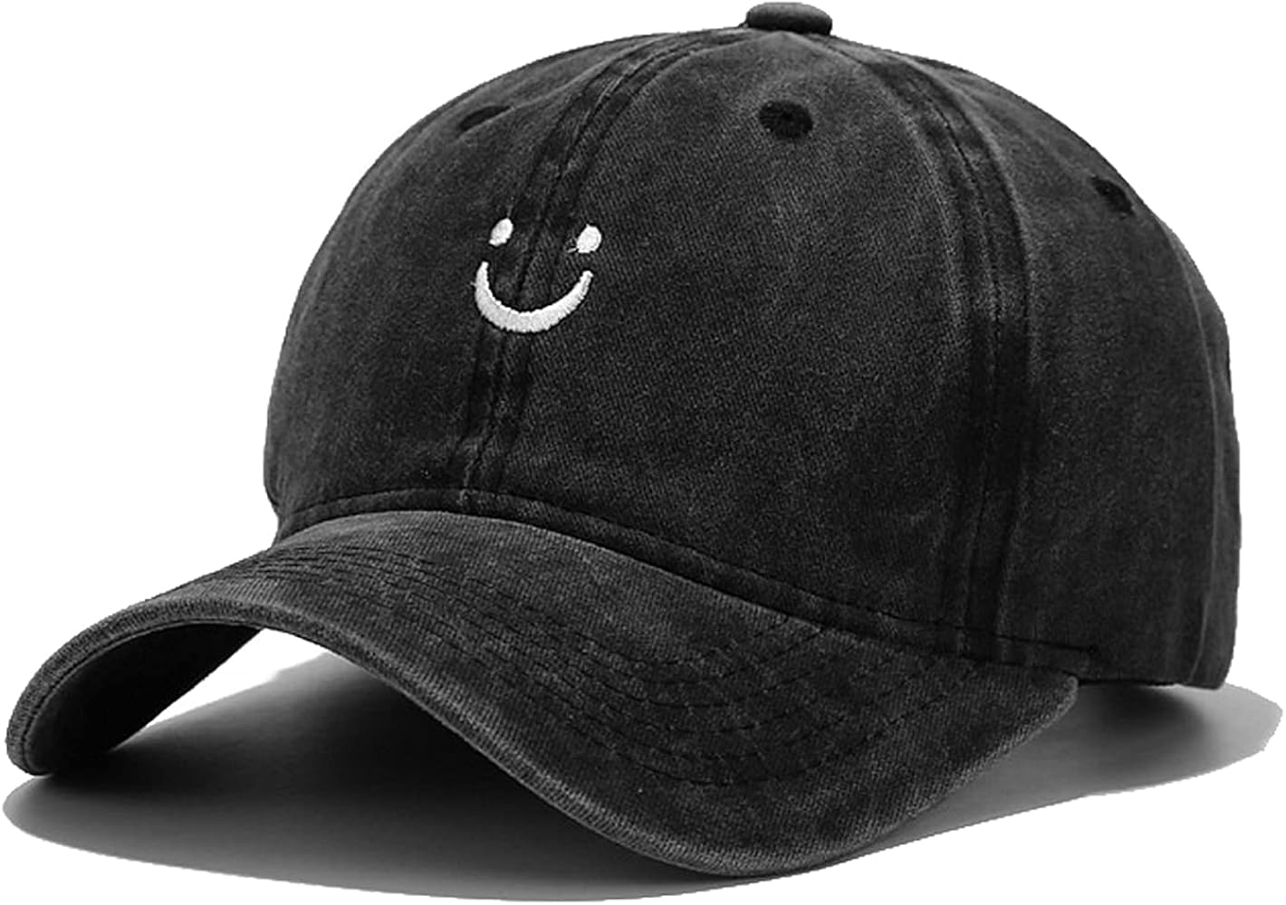 Smile Face Baseball Cap Vintage Distressed Low Profile Unstructured Cotton Dad Hat Adjustable for Women Men (Black)