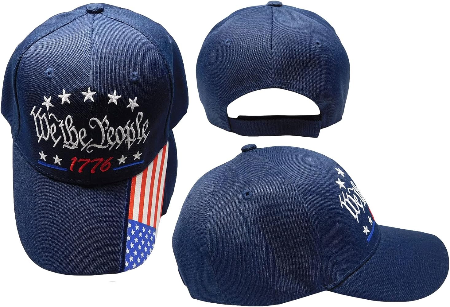 We The People 1776 Navy Blue USA Flag On Bill 100% Acrylic Adjustable Embroidered Cap Hat