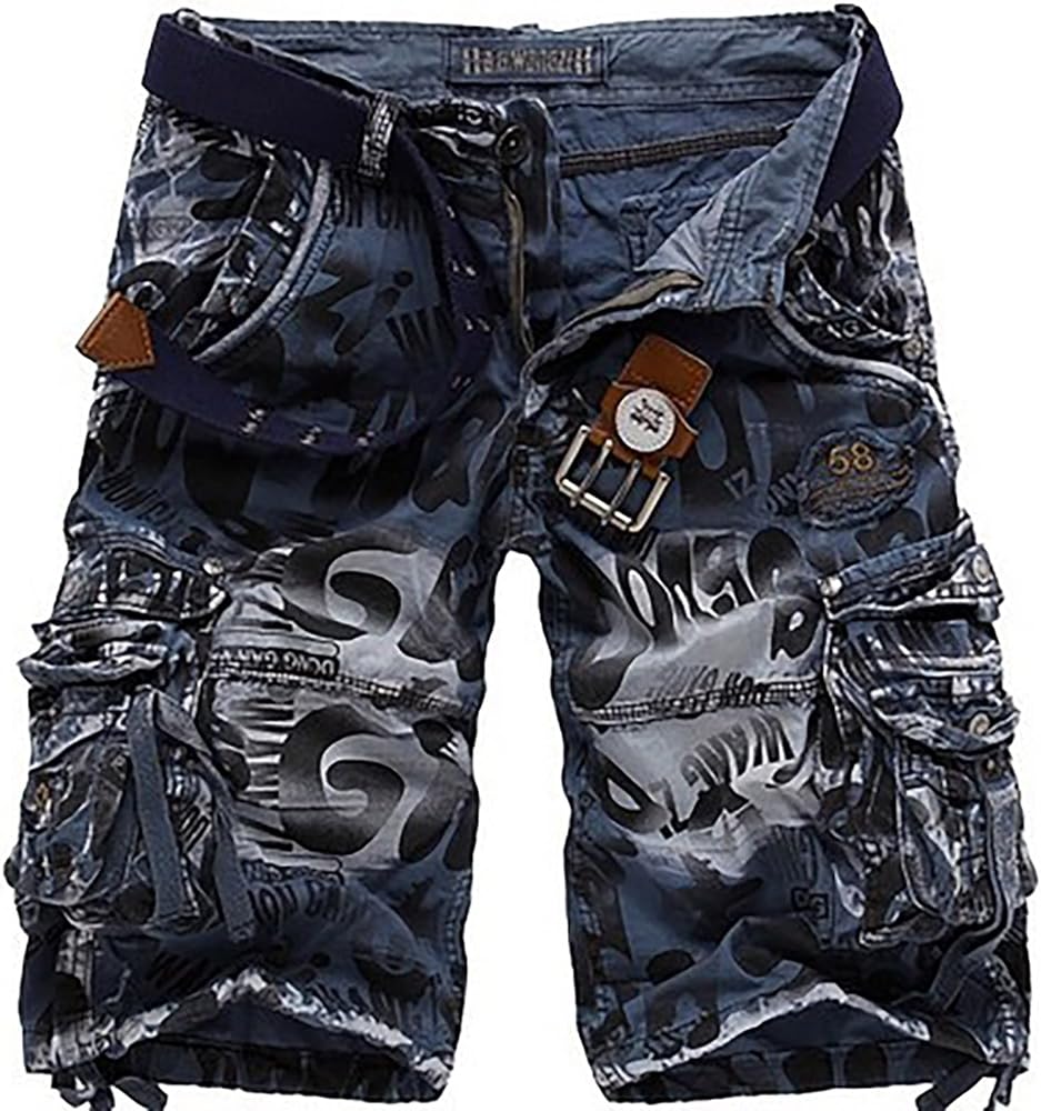 Cargo Shorts Men with Belt Classic Camouflage Vintage Style Hippie Multi Pocket Graphic Printed Elastic Waist Dungarees