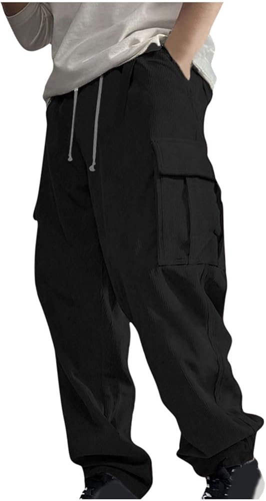 Mens Casual Cargo Pants Multi Pocket Drawstring Loose Trousers Solid Color Elastic Wide Leg Pants Camping Pants