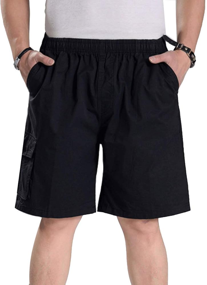 Men's Elastic Waist Cargo Shorts Lightweight Twill Drawstring Cotton Loose Fit Short