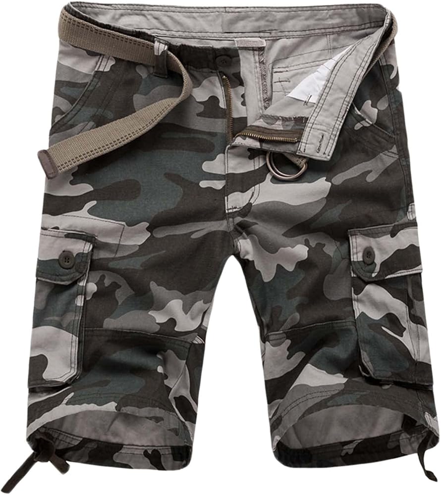 Men's Cargo Shorts Comfort Waistband Lightweight Camo Shorts Solid Color Big and Tall Hiking Cargo Shorts with Multi-Pocket