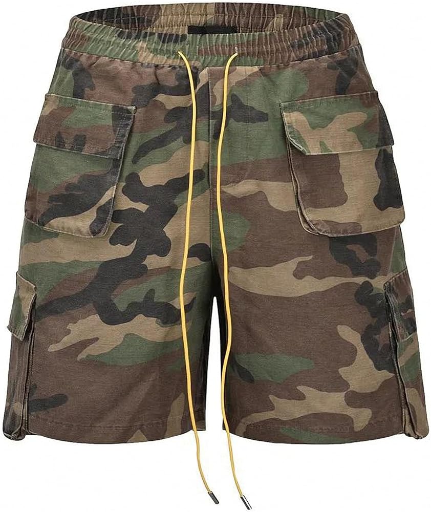 Men Camouflage Loose Cargo Shorts Drawstring Elastic Waist Three-Dimensional Versatile Multi-Pocket Military Outdoor Shorts