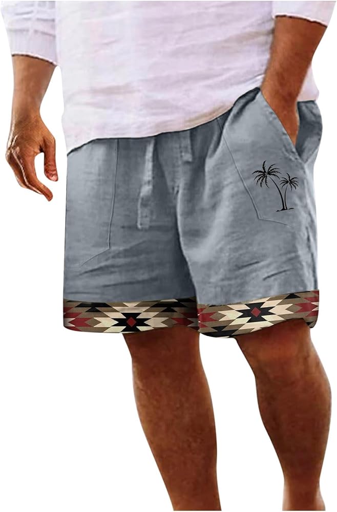 Men's Casual Shorts Summer Vacation Hawaiian Palm Tree Print Beach Shorts Vintage Ethnic Tribal Aztec Shorts for Men