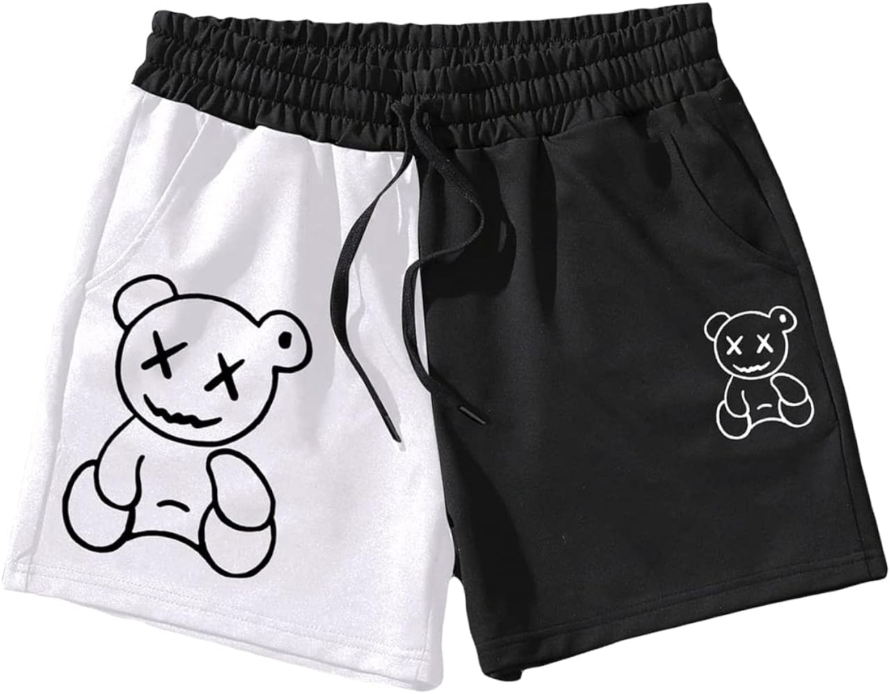 SOLY HUX Men's Cartoon Print Drawstring High Waisted Sweat Shorts Casual Summer Track Shorts with Pocket Black and White Bear Print S