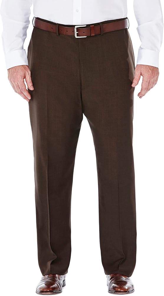 Haggar Men's Big-Tall Expandable Waistband Repreve Stria Plain Front Dress Pant, Brown, 52x34