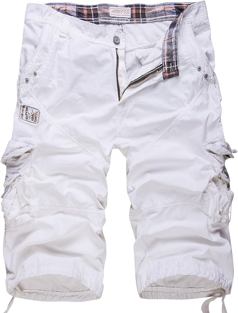 Mens Cargo Shorts Cotton Bermuda Shorts Cropped Solid Color NO BELT