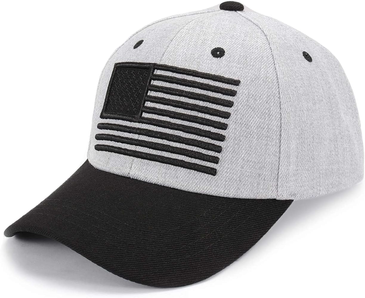 Grey American Flag Baseball Cap USA Low Profile Patriotic Adjustable Snapback Dad Hat for Men or Women - Black-on-Gray