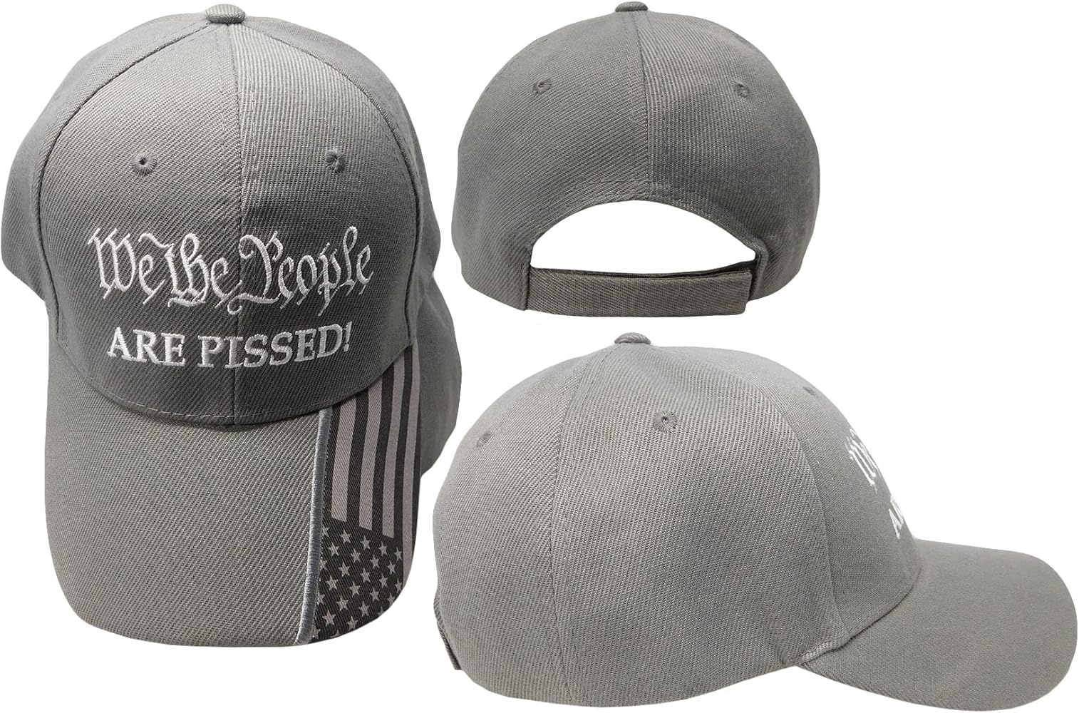 We The People are Pissed! Grey Gray with Black & Grey USA Flag On Bill Acrylic Adjustable Embroidered Baseball Hat Cap