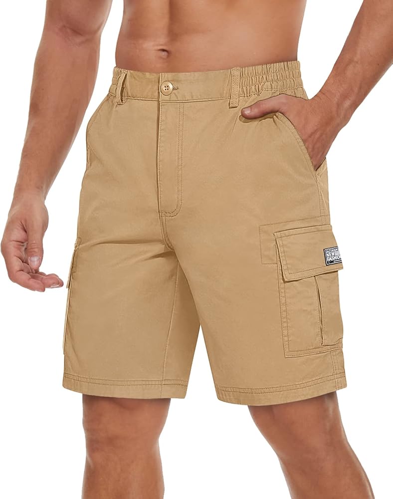 TACVASEN Men's Flat Shorts with Pockets Summer Casual Cotton Cargo Work Shorts Elastic Waist