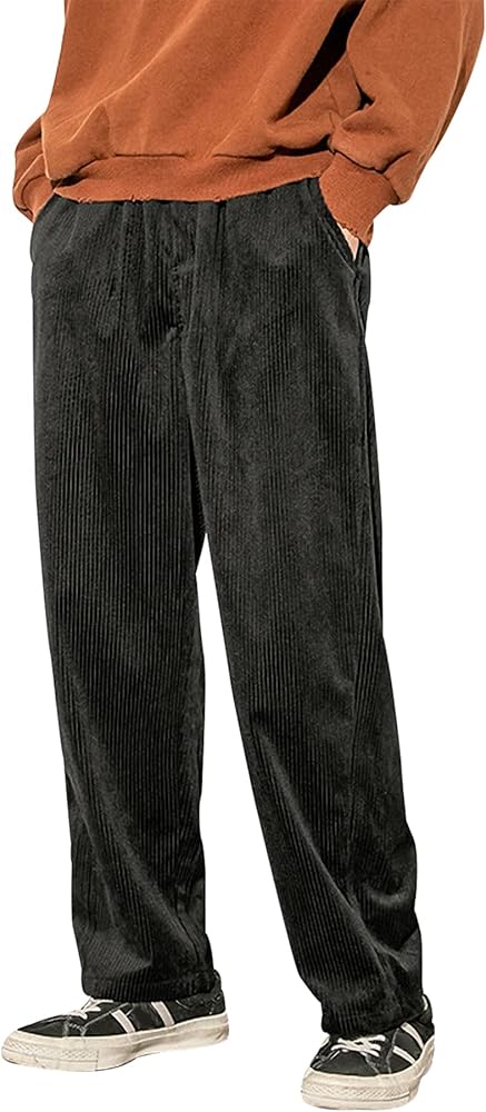 Men's Corduroy Pants Elastic Waist Straight Leg Casual Wide Leg Baggy Palazzo Pants with Pocket