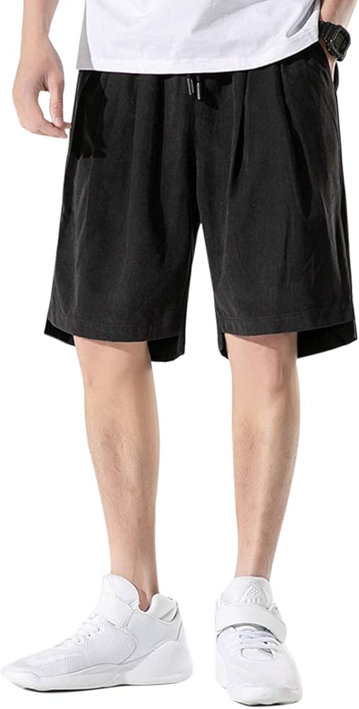 Flygo Men's Pleated Front Casual Cotton Shorts Loose Summer Beach Shorts with Pockets