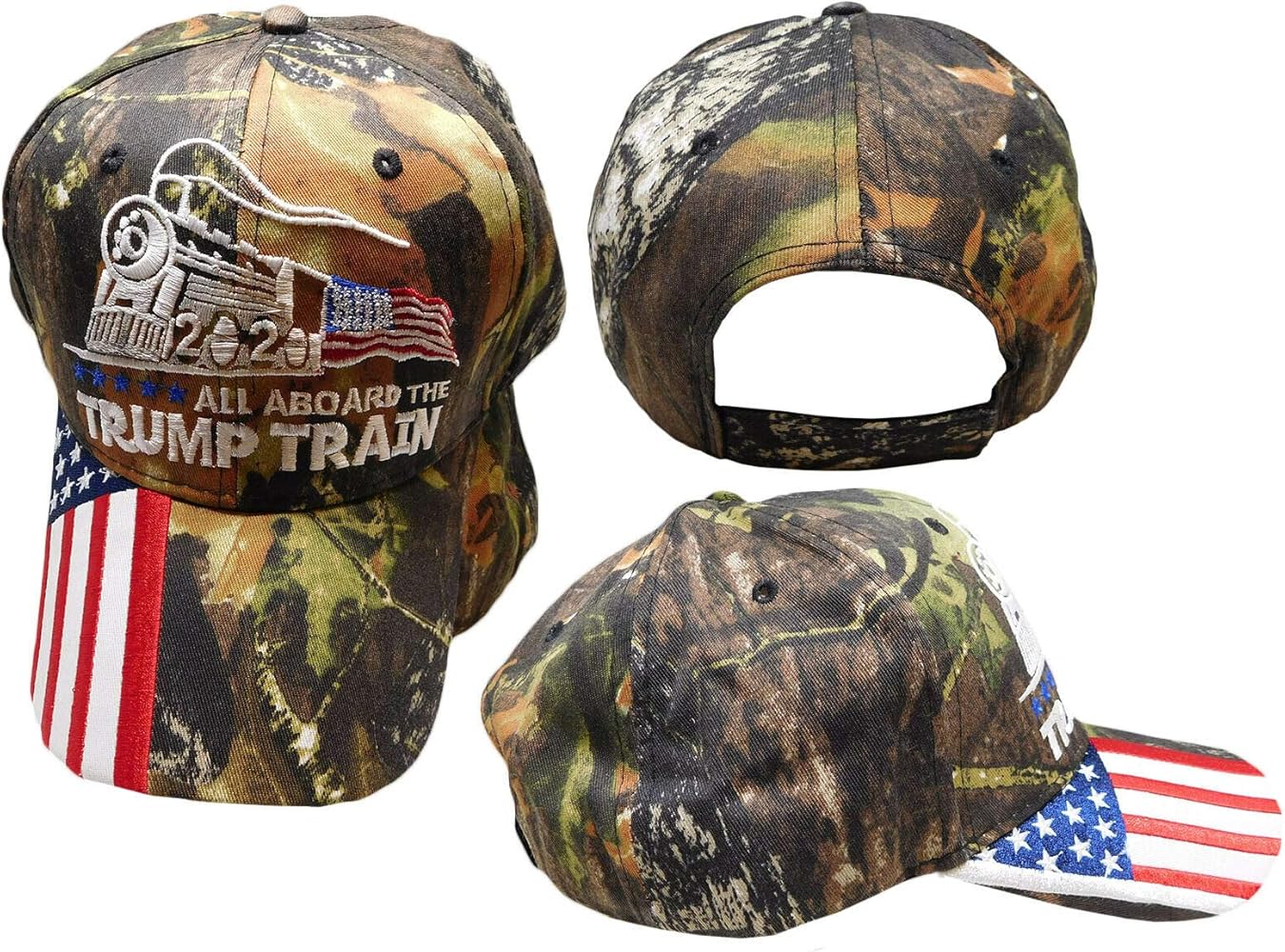 All Aboard The Trump Train 2020 Woodland Camo USA Flag Bill Embroidered Hat Cap